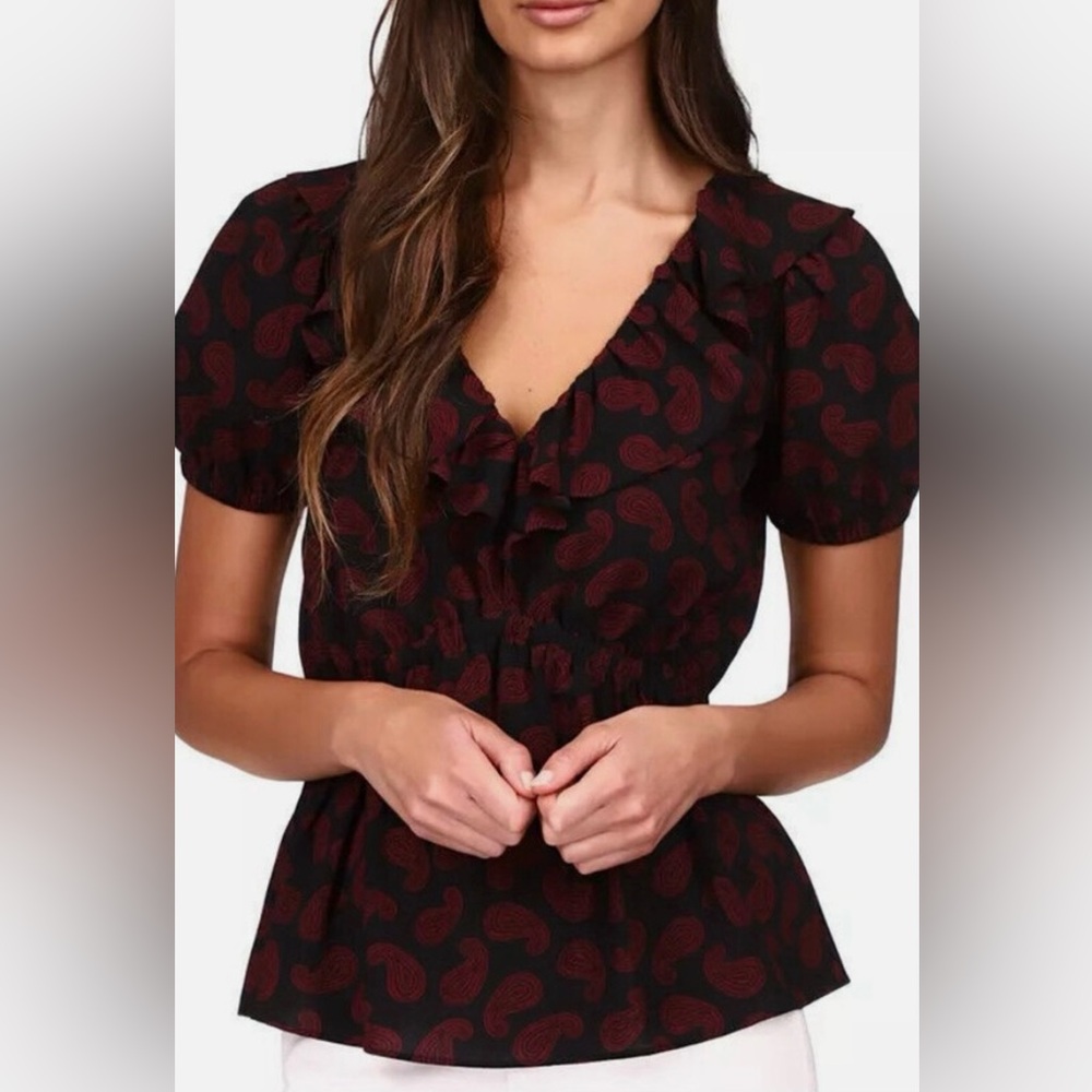 MICHAEL Michael Kors Ruffled Paisley V Neck Top S